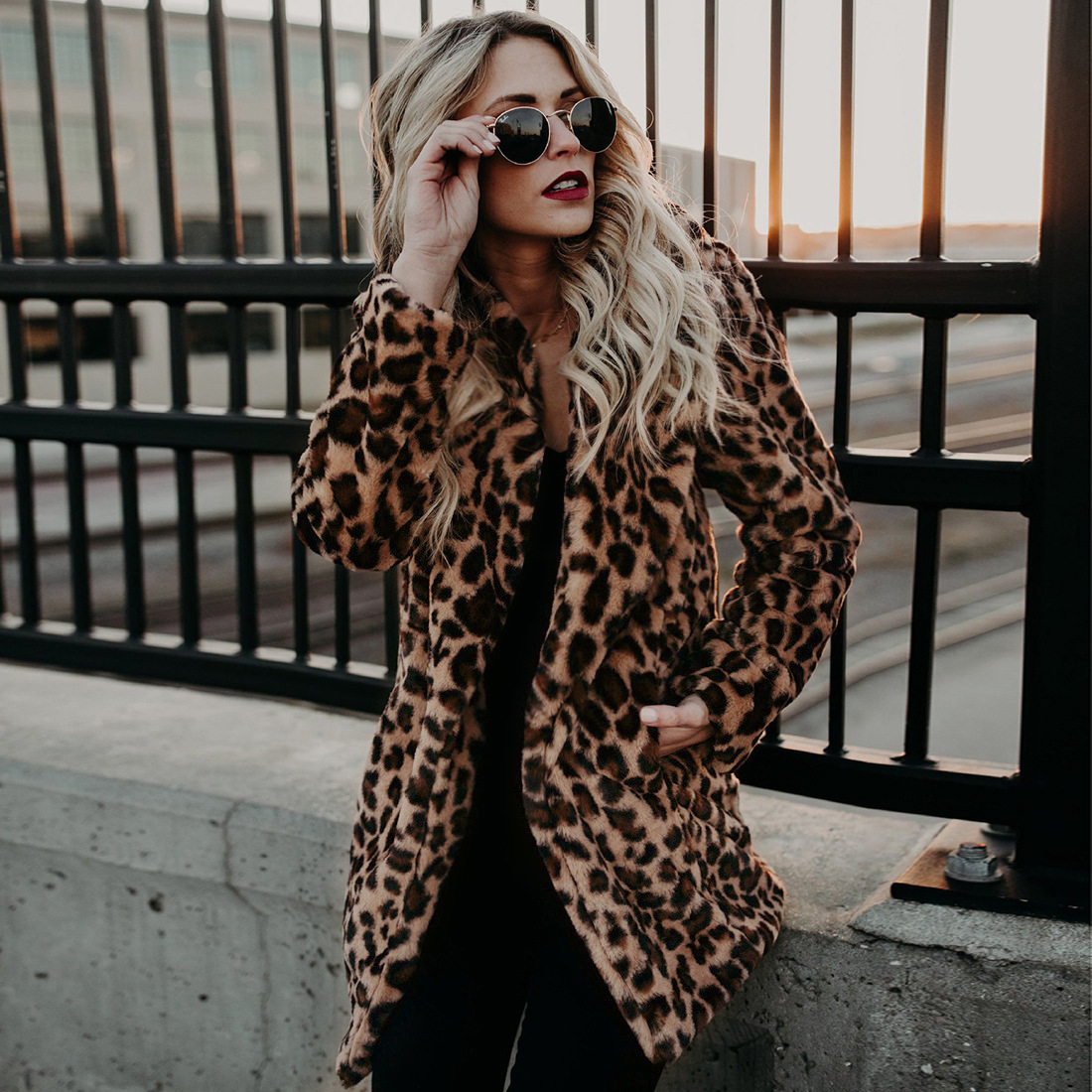 Women's Fur Coat Winter Warm Fashion Leopard Print Lapel Jacket