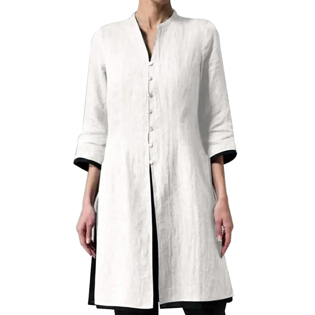 Long Fashion Women Shirt Women Vintage 3/4 Sleeve Single-breasted Irregular Hem Tunic Top Long Shirt Blouse Shirt Summer Top 4XL
