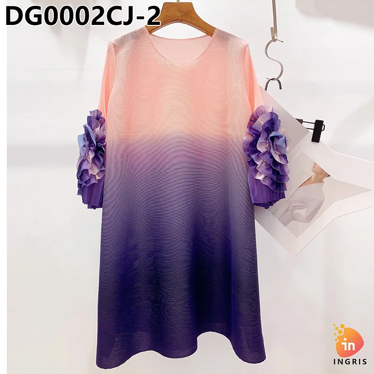 casual elegant gradient color O-neck flower decoration design loose and comfortable dress-DG0002CJ