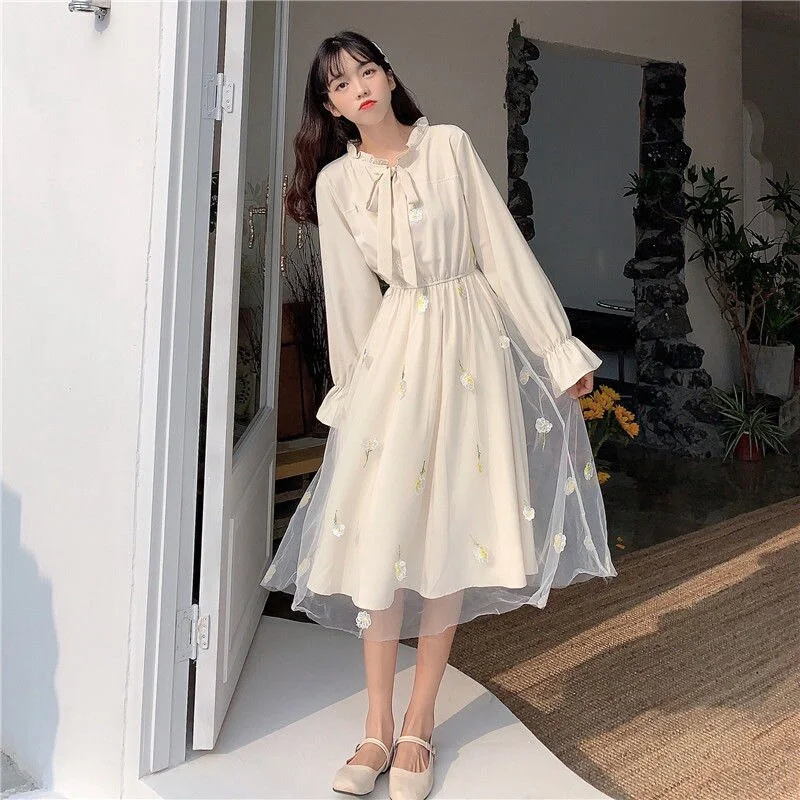 Jangj Spring Autumn New Popularity Casual Empire Bow Dresse Mid- Calf Pullover Print Flare Sleeve Grace Women's Clothing Trend