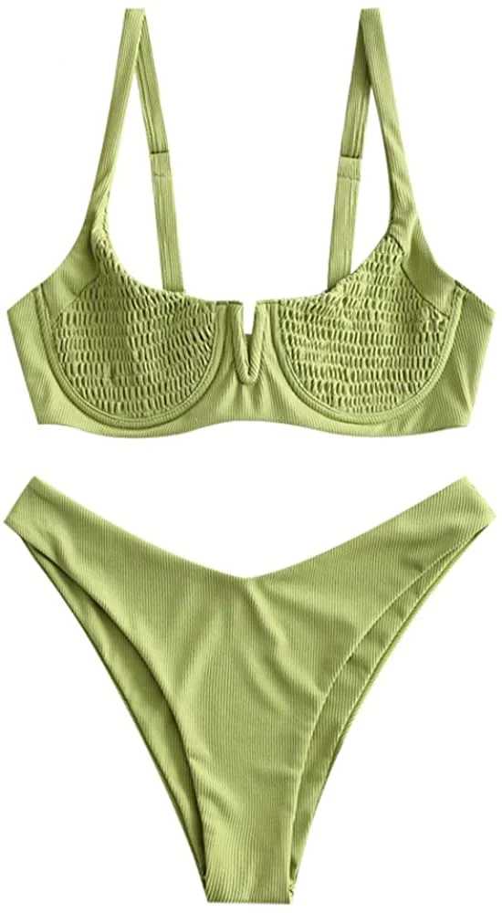 Women's Smocked Tie Shoulder Bikini Set Shirred Underwire Two Pieces Swimsuit