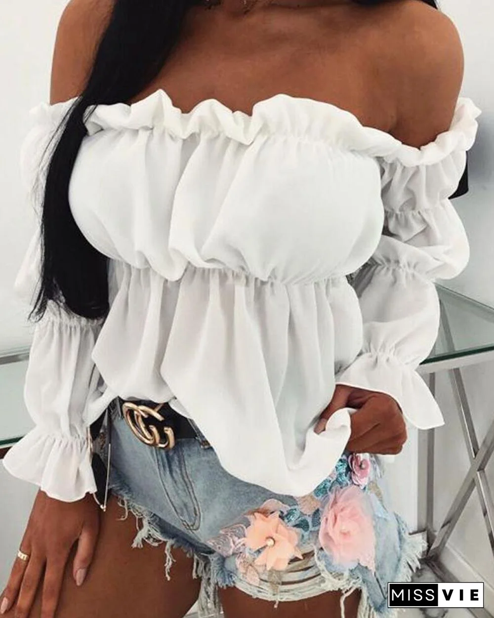 Off Shoulder Frill Hem Bell Sleeve Top