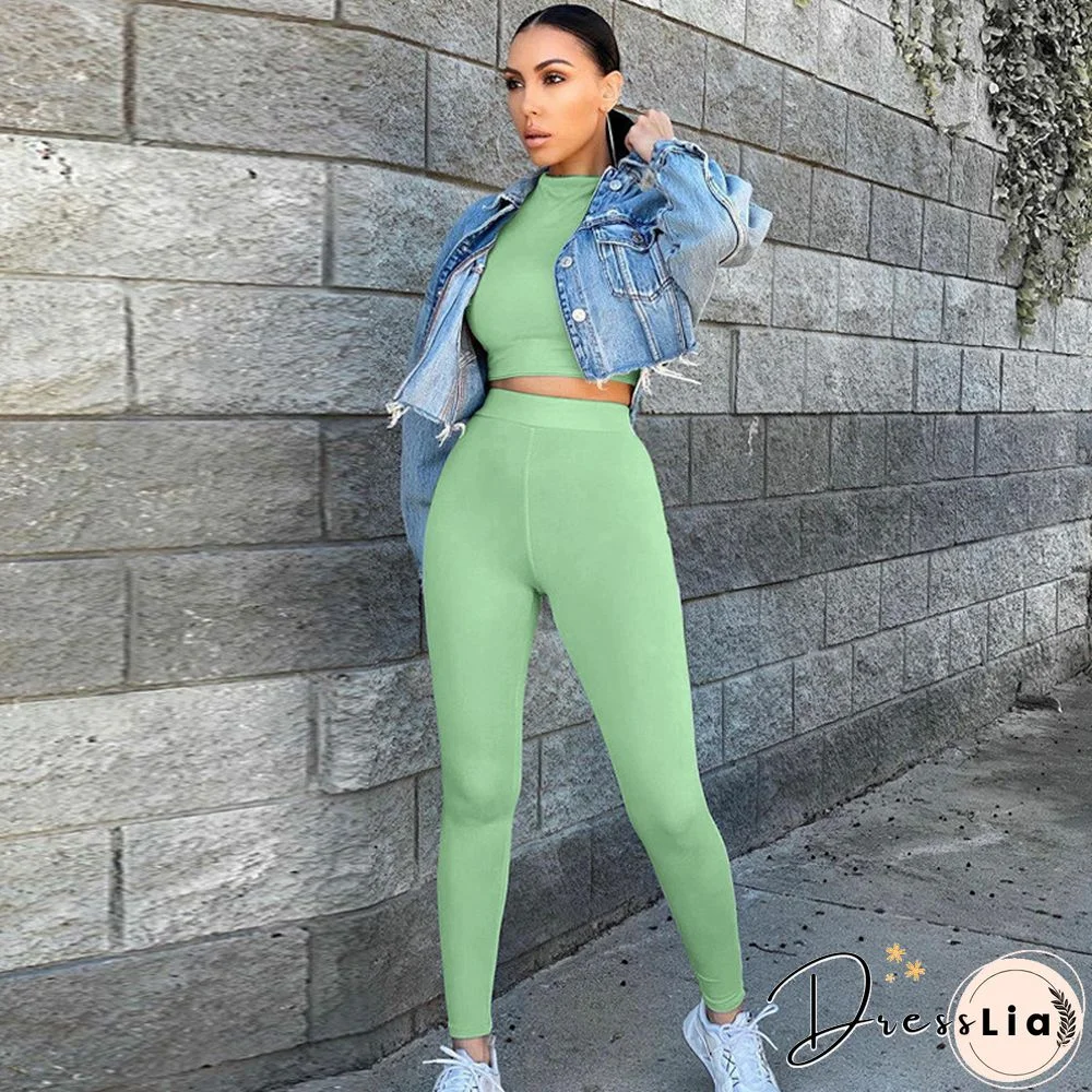 Women’s Suits Solid Long-Sleeves Short Top + High-Waist Skinny Pants Casual Outfits For Ladies Tracksuits Women Set