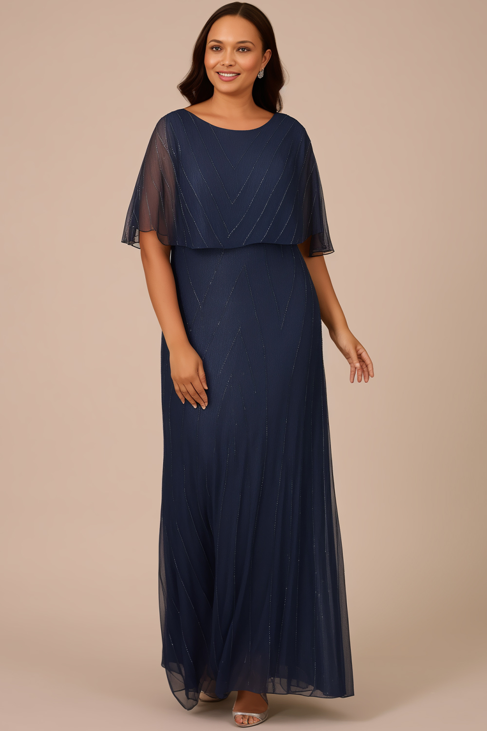 Flycurvy Plus Size Mother Of The Bride Navy Blue Chiffon Sparkly Cape Sleeve Empire Waist Maxi Dress