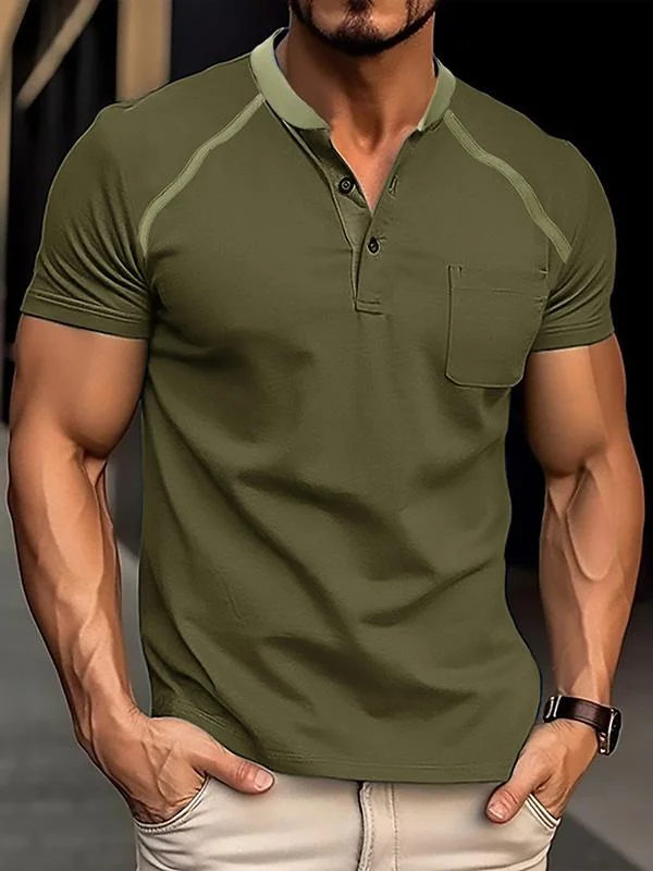 Men's Casual Cotton Slim Short Sleeve Stitching Henley Shirt