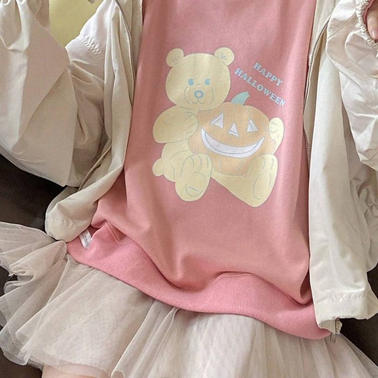 Sweet Bear Pumpkin Print Loose Sweatshirt  - Modakawa Modakawa