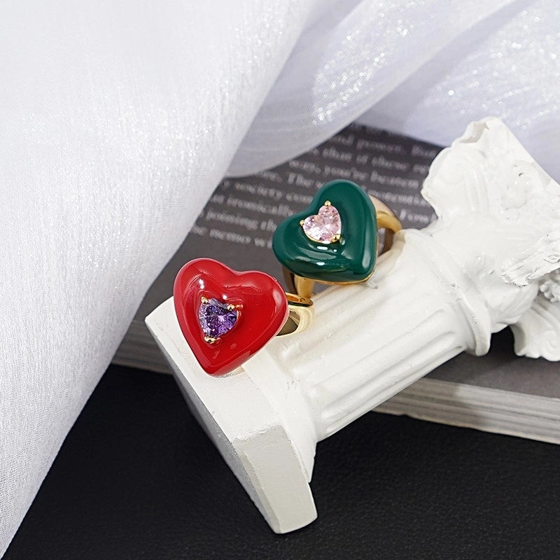 Copper Gold Plated Silver Plated Classical Retro Inlay Heart Shape Zircon Open Rings