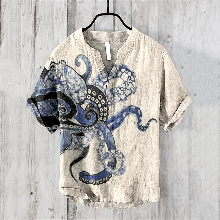 Japanese Art Sea Octopus Graphic Linen Blend Shirt