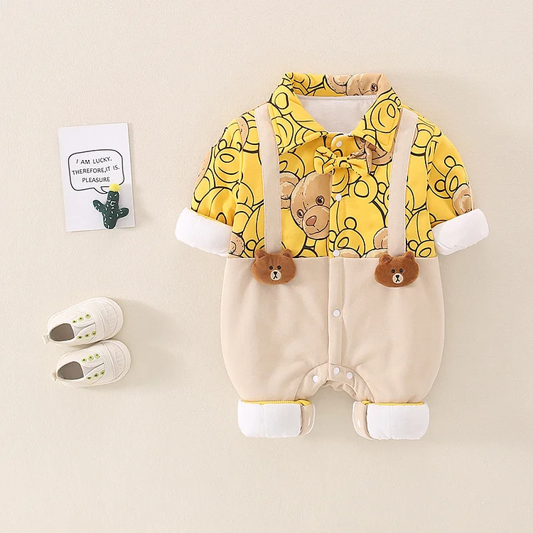 Winter Baby Boy/Girl Allover Bear Graphics Bow Tie Long Sleeve Romper