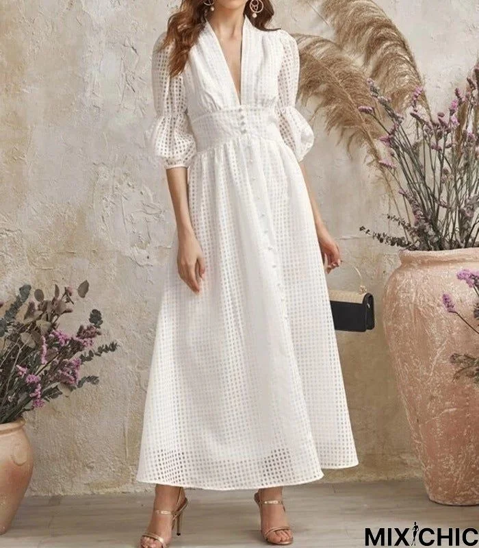 Dress Temperament White Dress Waist Plaid Dress