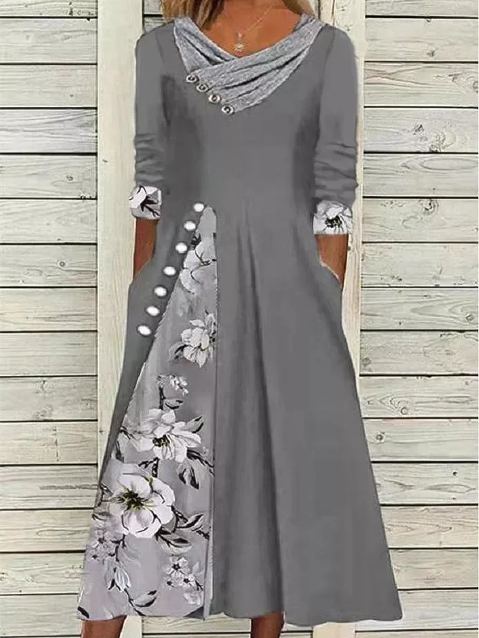 Women plus size clothing Floral Tunic V-Neckline Midi A-line Dress-Nordswear