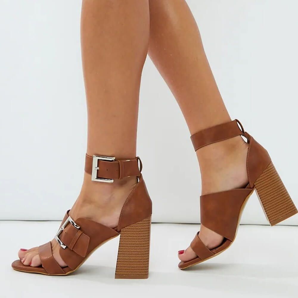 Brown Square Toe Stacked Heel Double Buckle Dress Sandals for Women Nicepairs