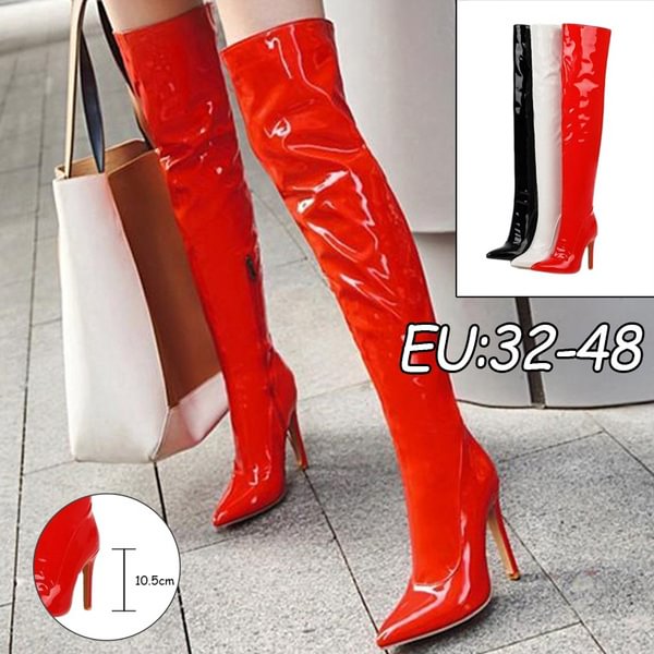 Plus Size 32-48 Fashion Thigh High Boots Women Over Knee Boots Sexy 10.5cm High Heels Red White Black Leather Boots - Life is Beautiful for You - SheChoic