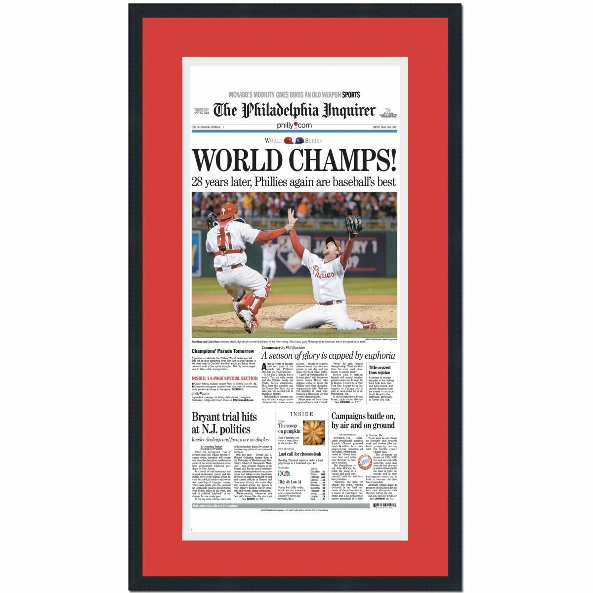 Framed Philadelphia Inquirer World Champs Phillies 2008 Newspaper 17x27 Photo Poster painting