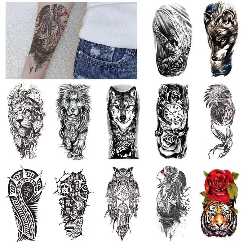 12sheets Lion Tiger Waterproof Tattoo Stickers Men Women Half Arm Calf Water Transfer Fake Tattoo Animal Pattem Temporary Tattoo