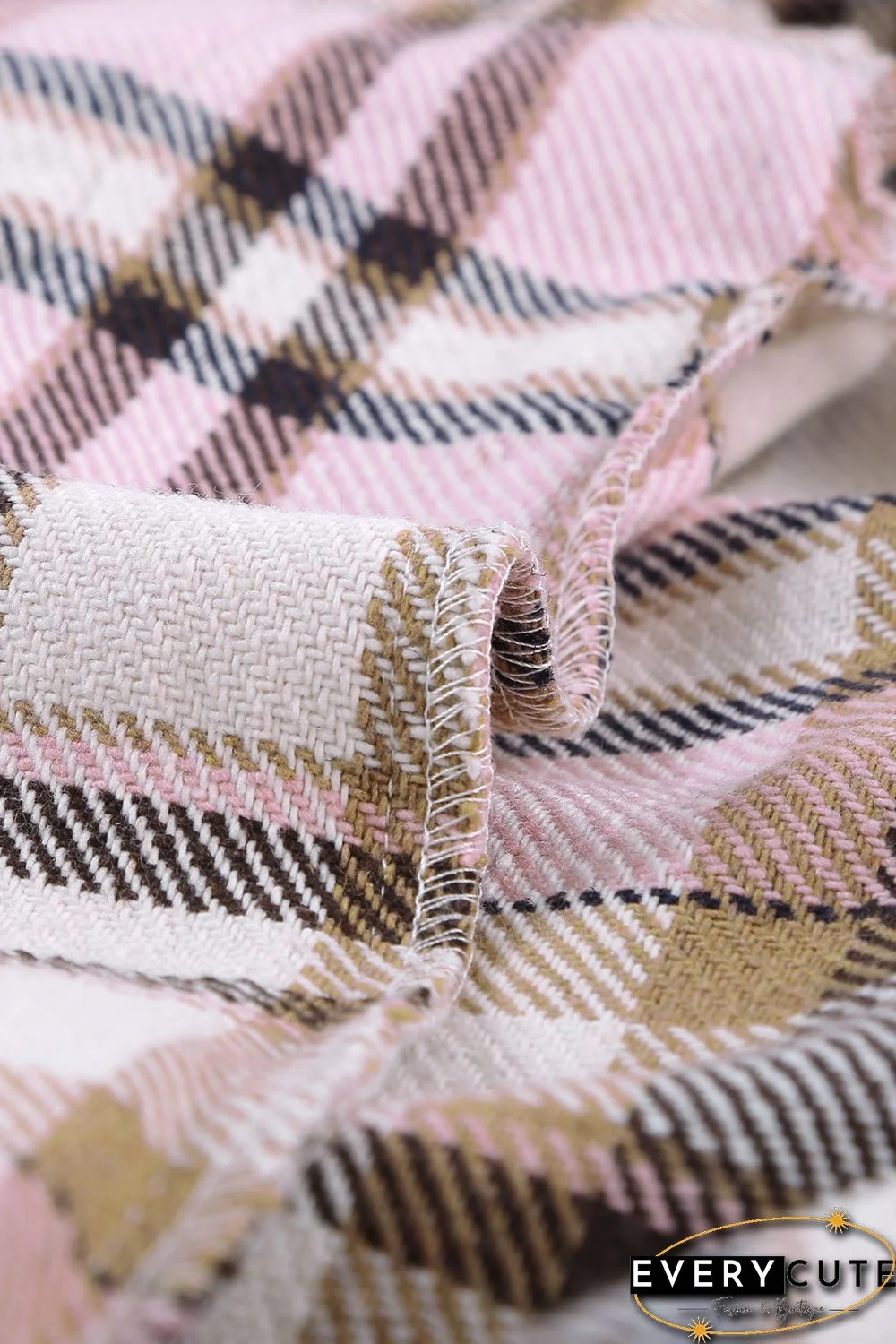 Pink Geometric Plaid Print Pocketed Shirt