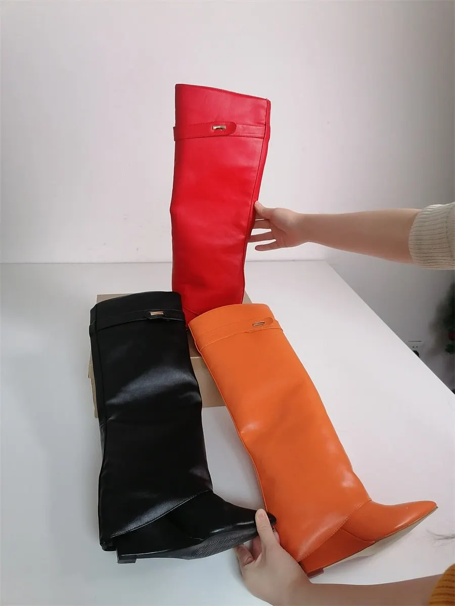 Onlymaker Woman Pointed Toe Black Red Orange High Wedge Heel Fold Over Matte Boots Winter Fashion Big Size Boots