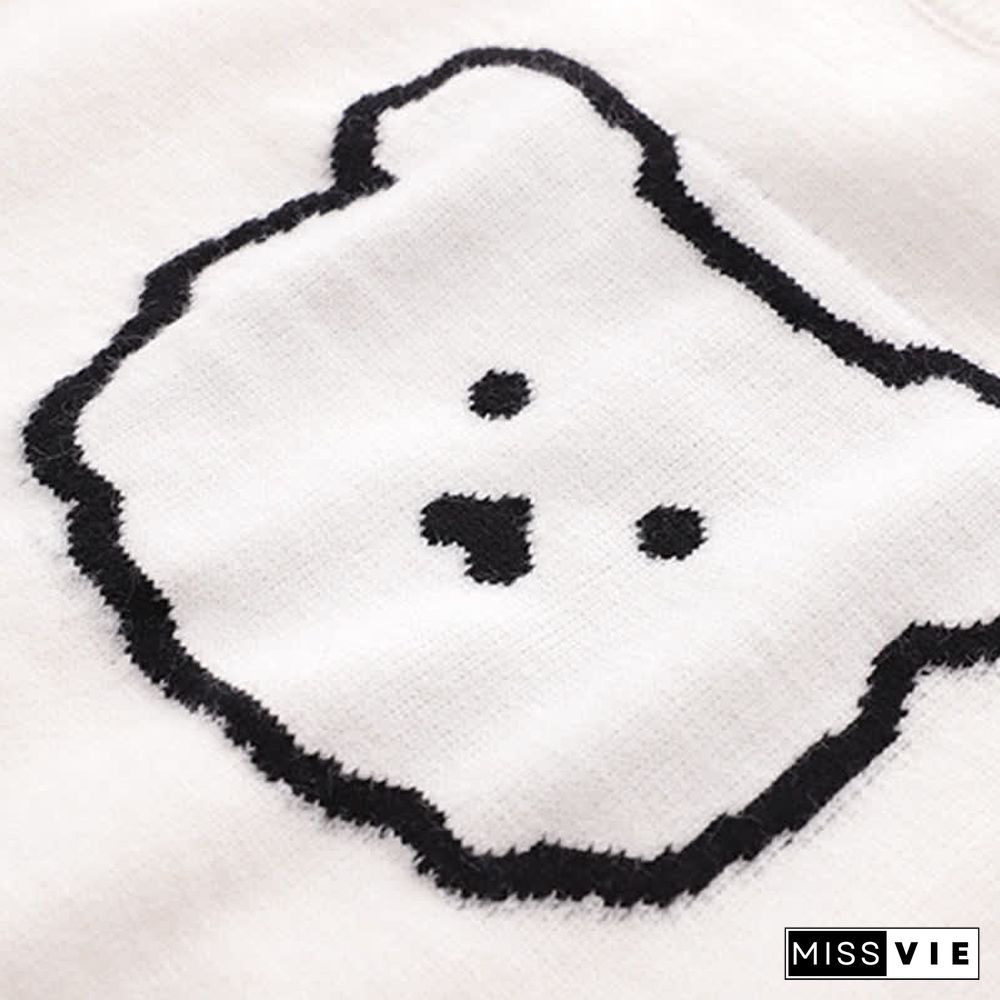 Cartoon Bear Pattern Stripe Sleeve Knit Sweater