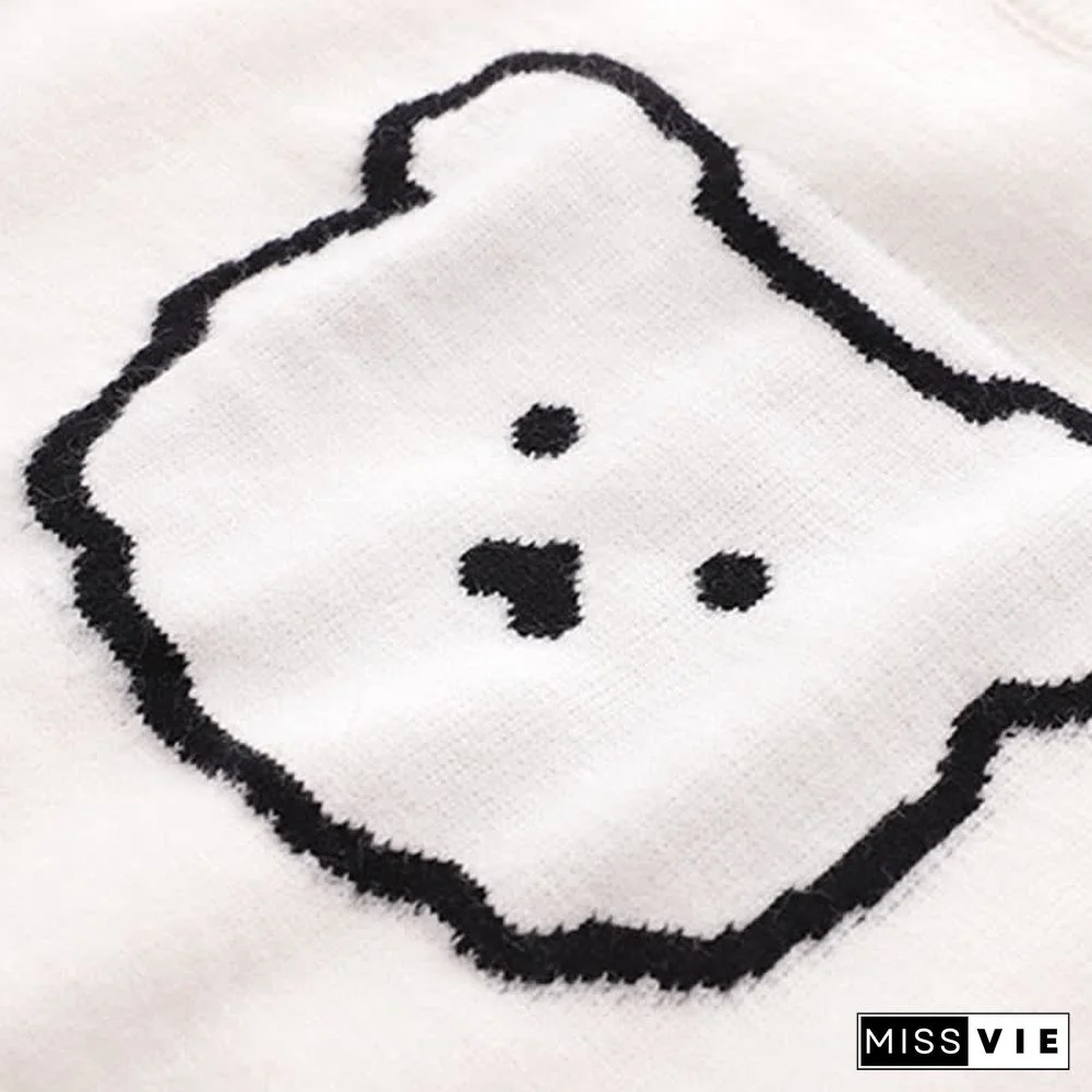 Cartoon Bear Pattern Stripe Sleeve Knit Sweater