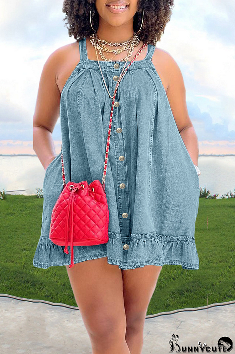 Light Blue Casual Solid Flounce Spaghetti Strap Cake Skirt Dresses