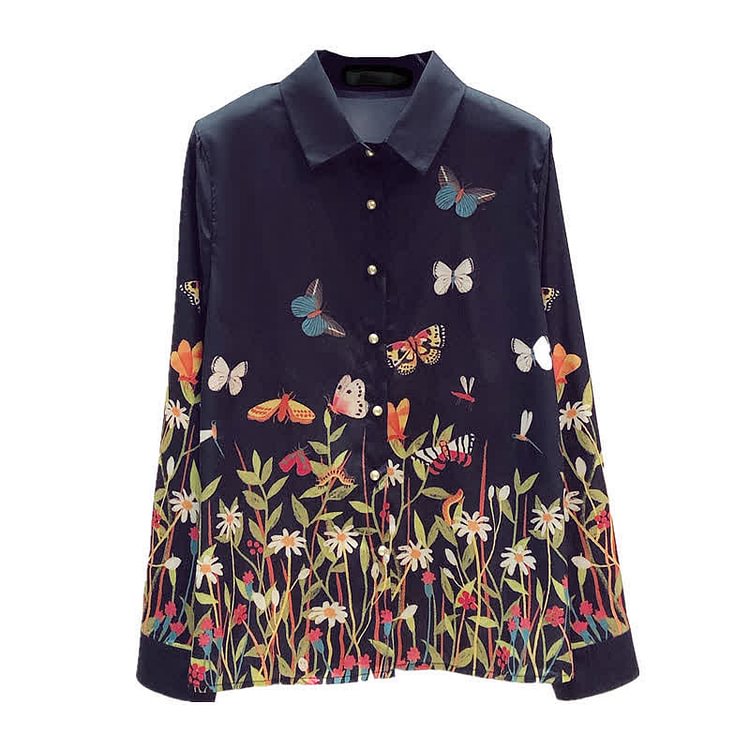 Butterfly Floral Print Lapel Long Sleeve Shirt Workwear - Modakawa modakawa