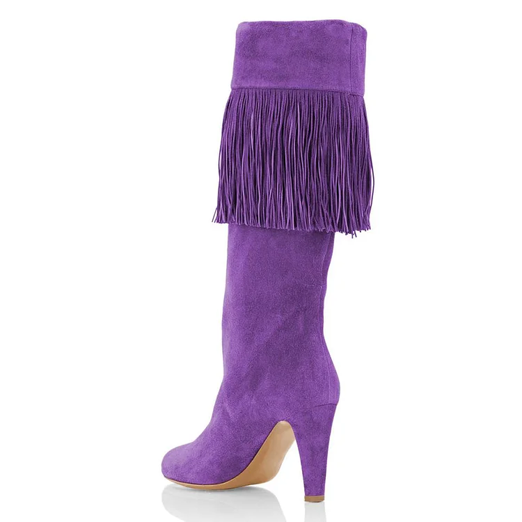 Purple Suede Fringe Chunky Heel Boots Knee-high Boots |FSJ Shoes