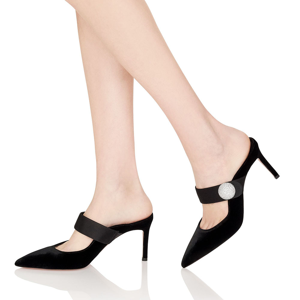 Black & Satin Velvet Pointed Toe Stiletto Heel Mules Nicepairs