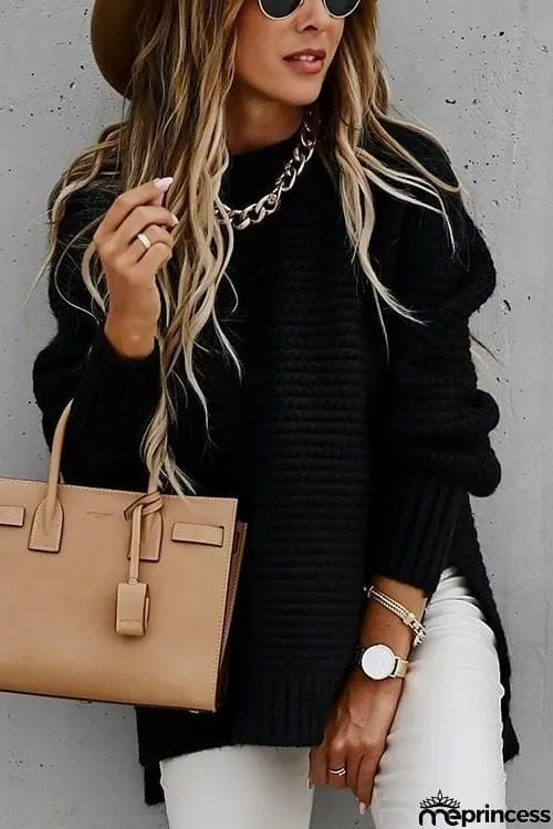 High Neck Side Slit Sweater