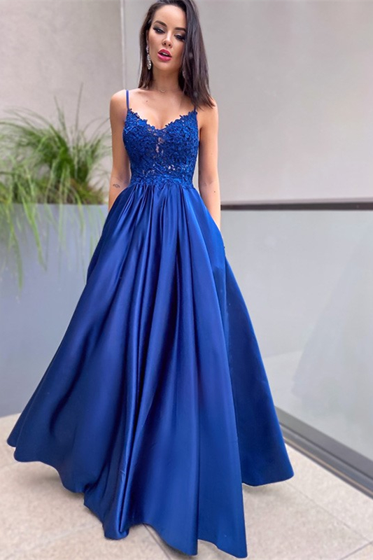 Oknass Royal Blue Lace Prom Dress Appliques With Pockets