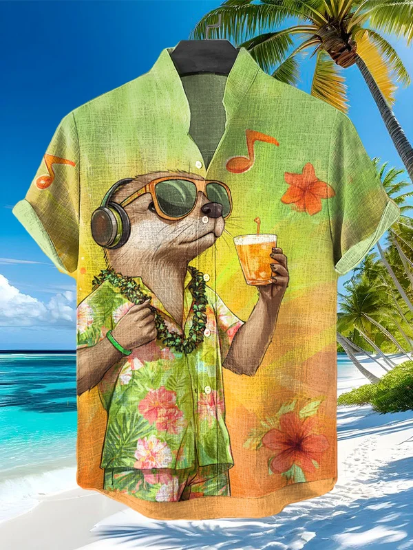 Men's Vacation Style Otter Floral Musical Note Print Shirt
