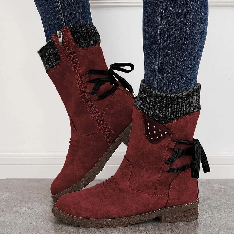 Waterproof Suede Block Heel Ankle Boots Side Zipper Booties