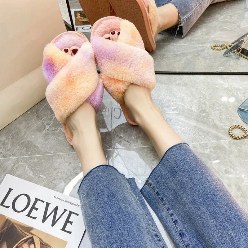 Newest Mixed Colors Fluffy Slippers Autumn Winter Home Slippers Women Furry Fur Slides Outdoor Women's Sandals 2021 Flip Flops