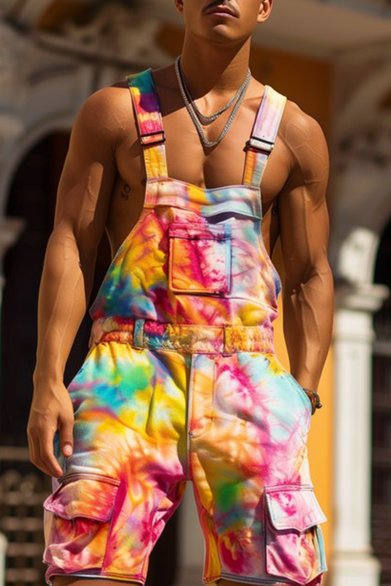 Ciciful Men's Rainbow Tie-Dye Print Shorts Overalls With Pocket