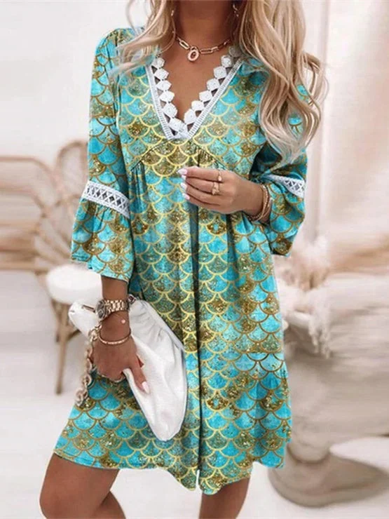 Women's 3/4 Sleeve V Neck Printed Lace Casual Dress