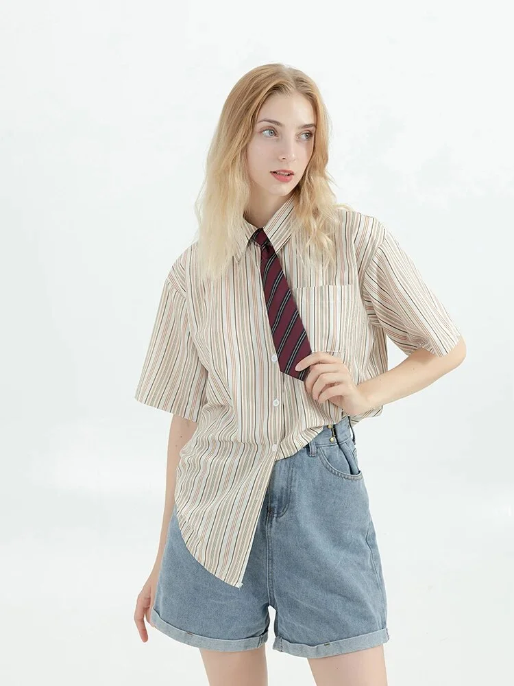 Wongn Preppy Style Stripe Shirt With Tie Women Korean Chic Short Sleeve Y2k All-Match Tops Vintage Harajuku Girl Blouse Clothes