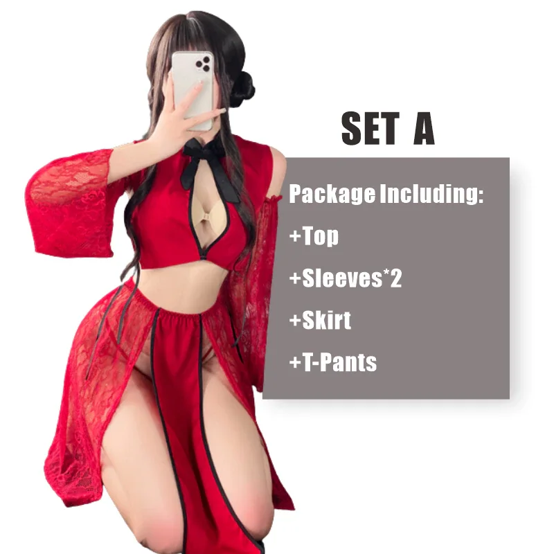 Billionm OJBK Women Lingerie Dress Erotic Temptation Lace Cheongsam Suit High Split Nightwear Hollow Open Bust Transparent Clothing 2022