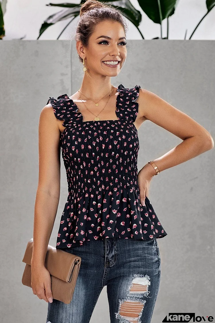 Cute Black Floral Smock Tank Top