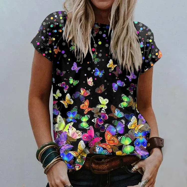 Butterfly Print Round Neck Casual T-Shirt