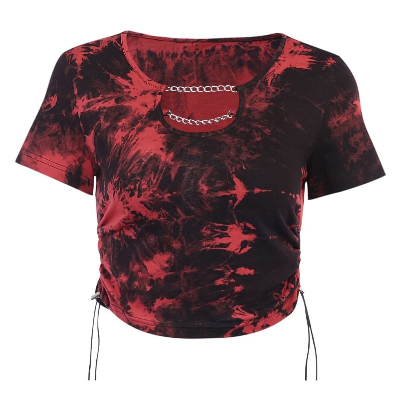 InsGoth Hollow Out T-shirts Women Harajuku Gothic Red And Black Tie Dye Chain Short Sleeve Drawstring Tshirts Female Casual Tops