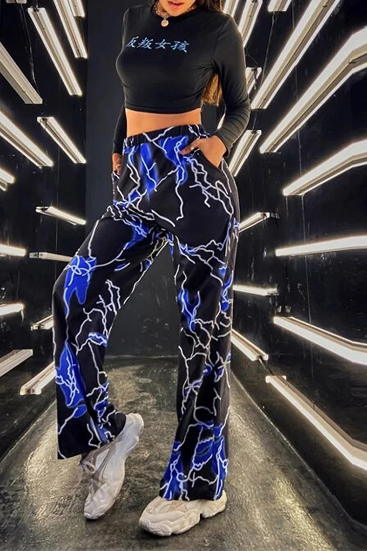 Gothic Blue Casual Lightning Print With Pockets Pants