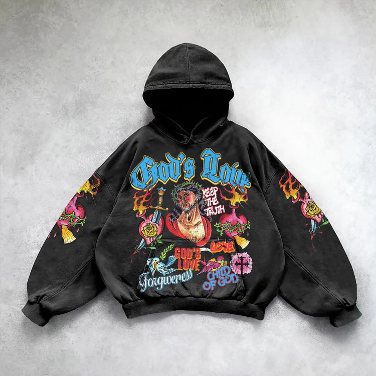 Jesus Portrait God's Love Graphic Print Washed Hoodie