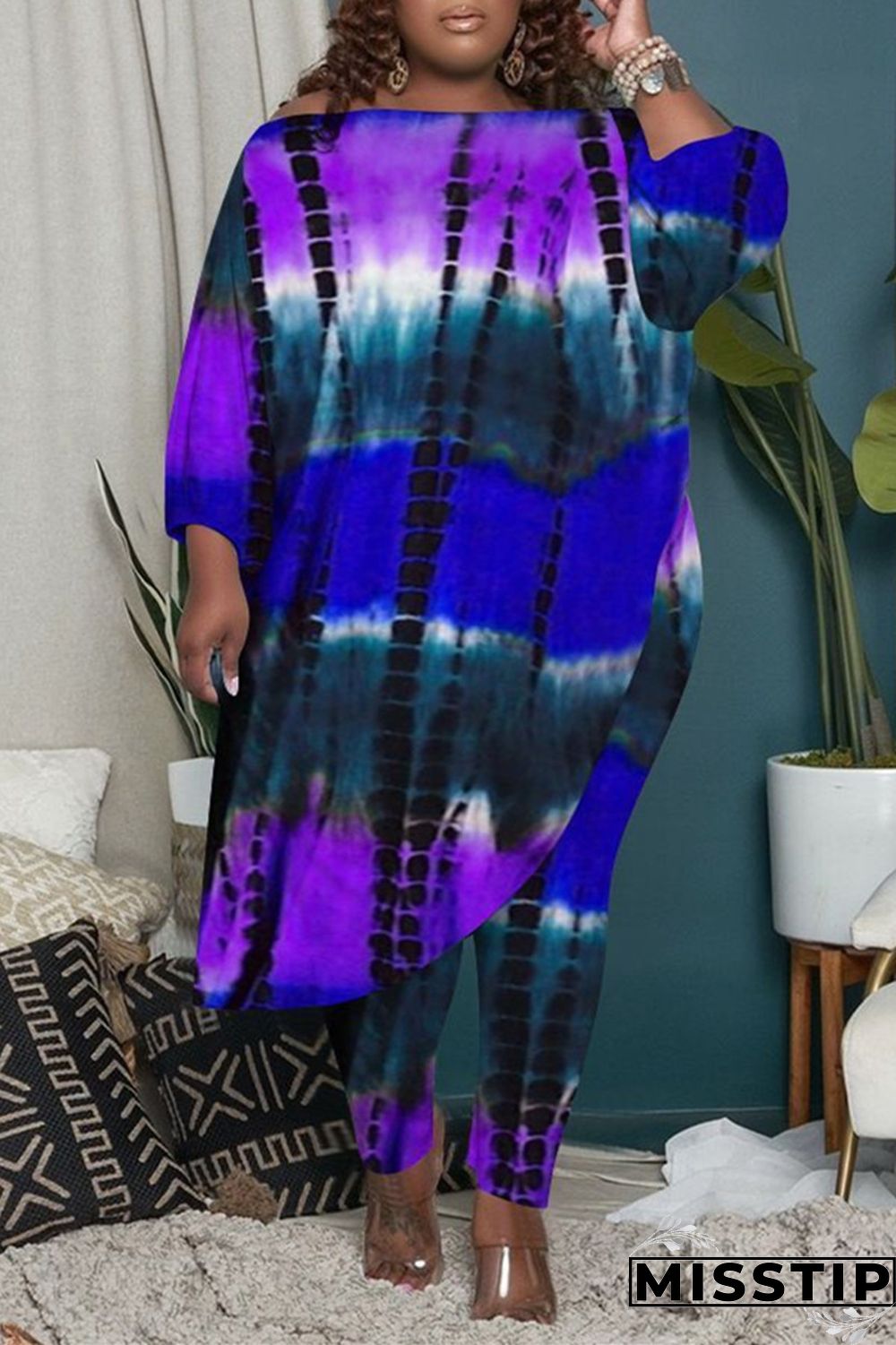Orange Fashion Casual Tie Dye Asymmetrical O Neck Plus Size Two Pieces