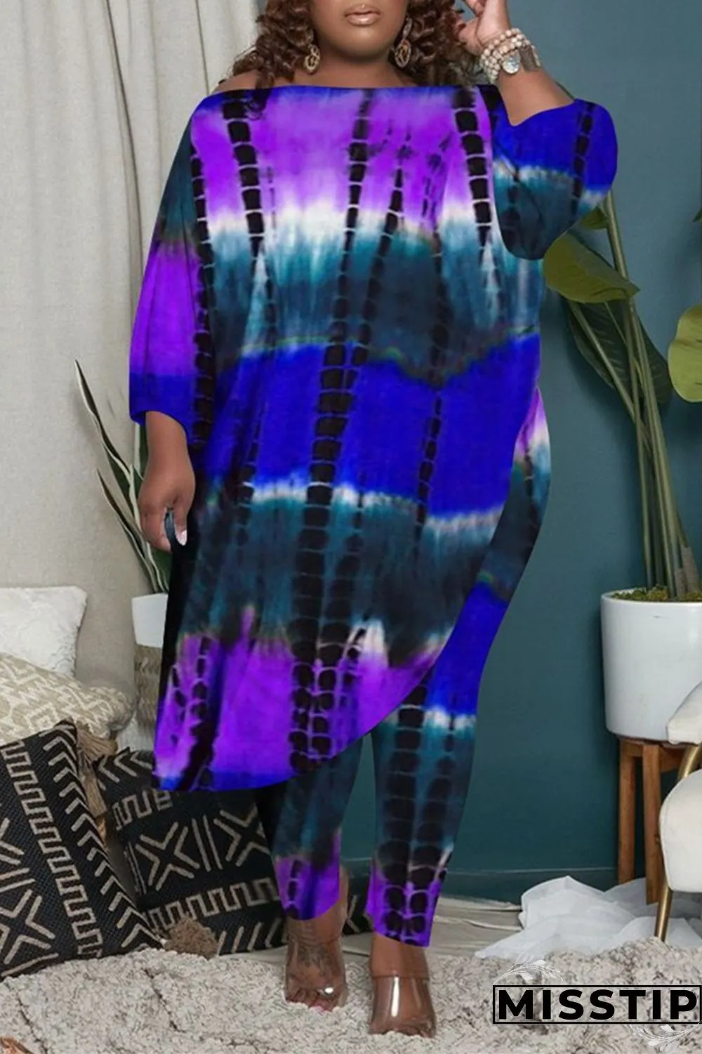 Orange Fashion Casual Tie Dye Asymmetrical O Neck Plus Size Two Pieces
