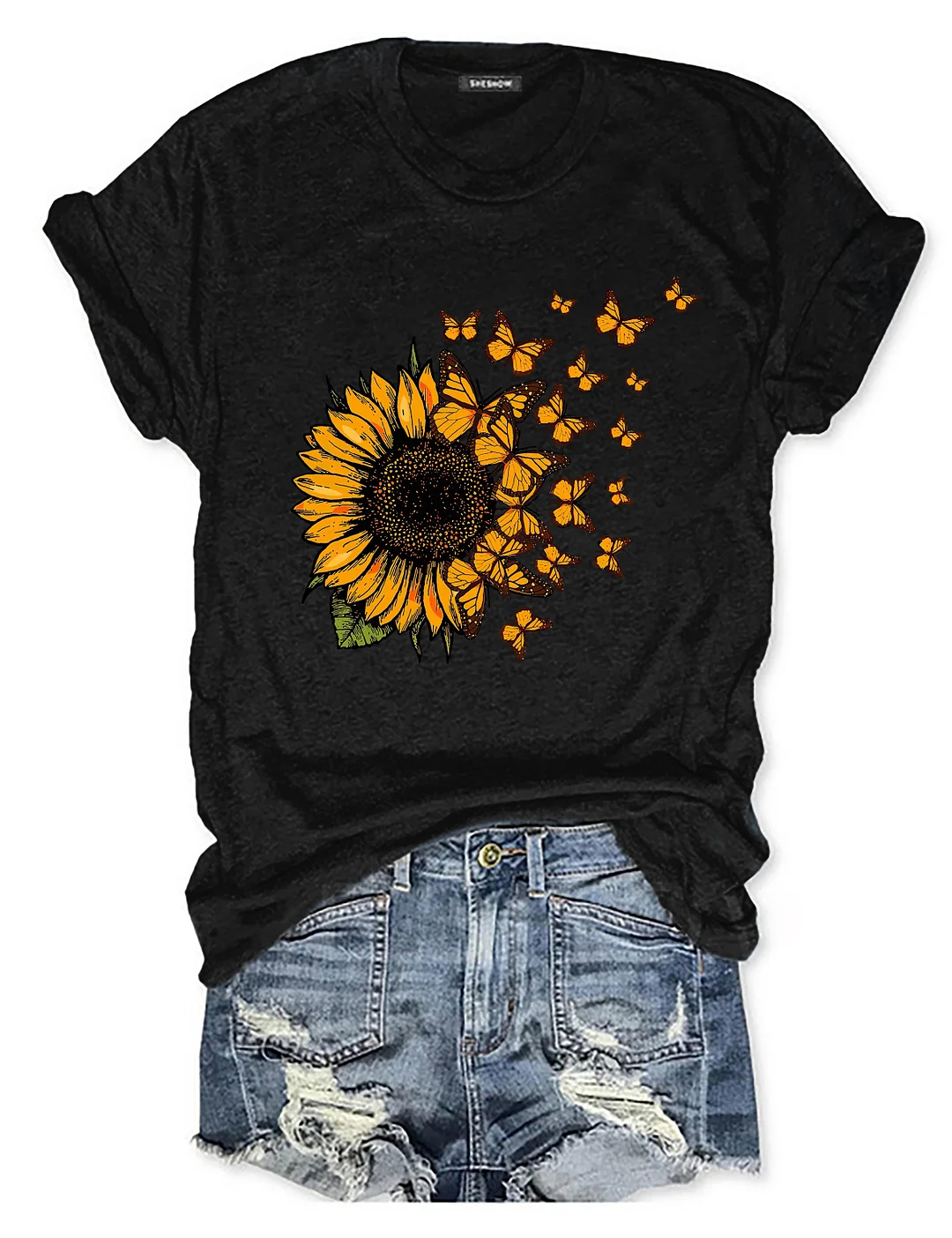 Beautiful Sunflower And Flying Butterflies T-shirt