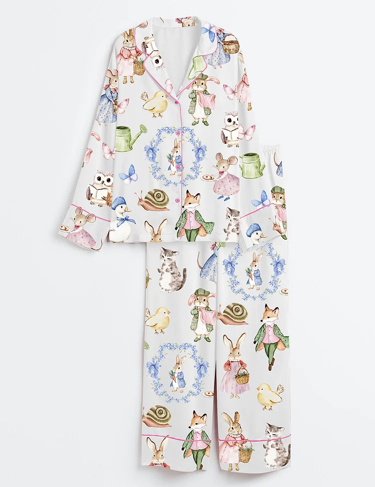 Women&rsquo;s Vintage Bunnies Cottagecore Rabbits Cute Easter Watercolor Spring Print Long Sleeve Satin Pajama Set