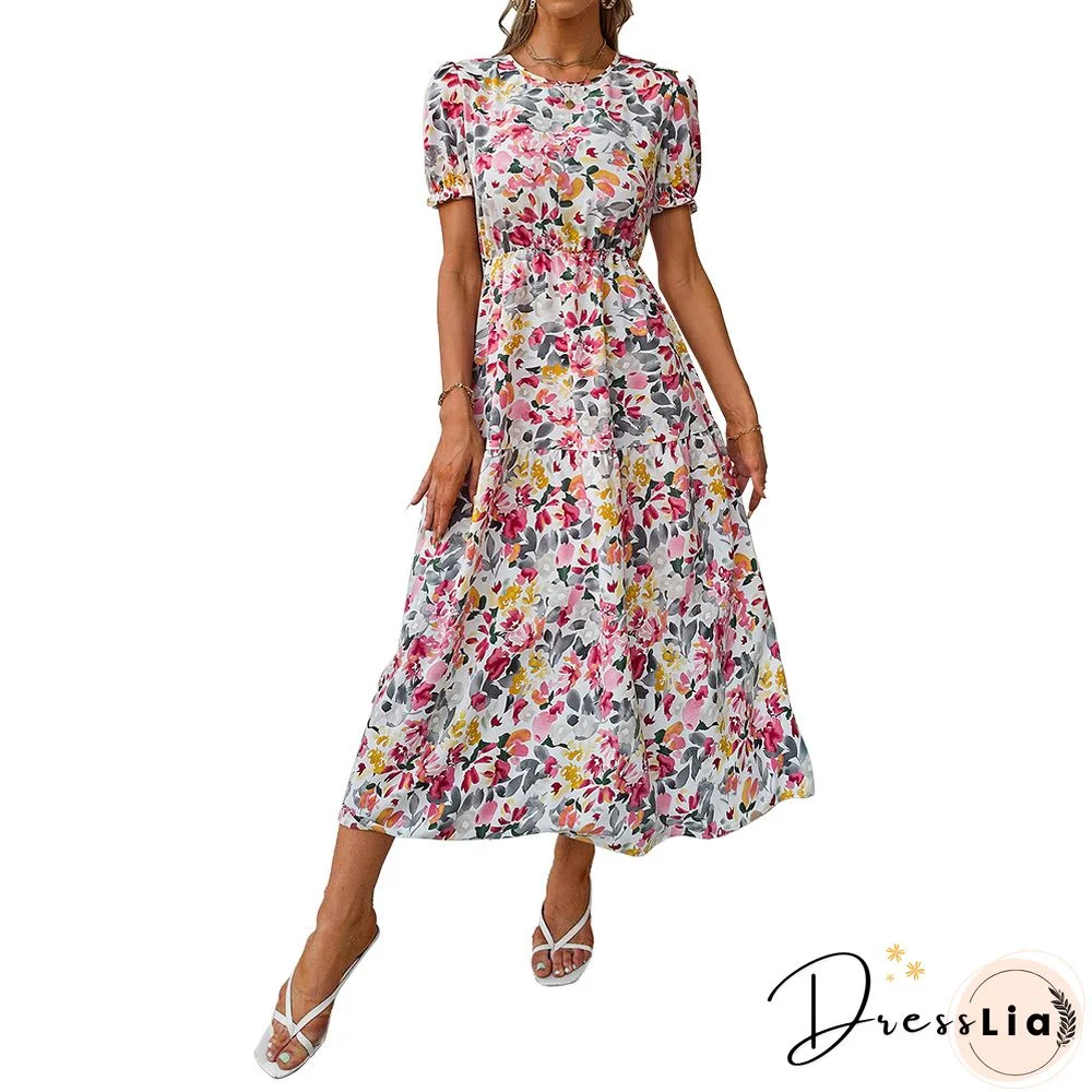 Elegant Boho Beach Summer Women Dress Short Princess Sleeve Floral Print Dress New O-neck High Waist Zip A-line Long Dress