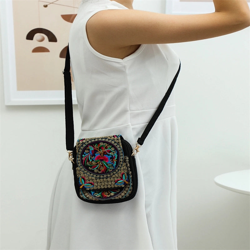 Supply Yunnan National Style Double-Layer Flip Embroidered Bag Embroidery Mini Bag Coin Purse Mobile Phone Bag