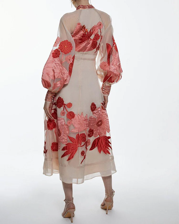 chinese dress ladies Applique Organdie Buttoned Woven Maxi Dress