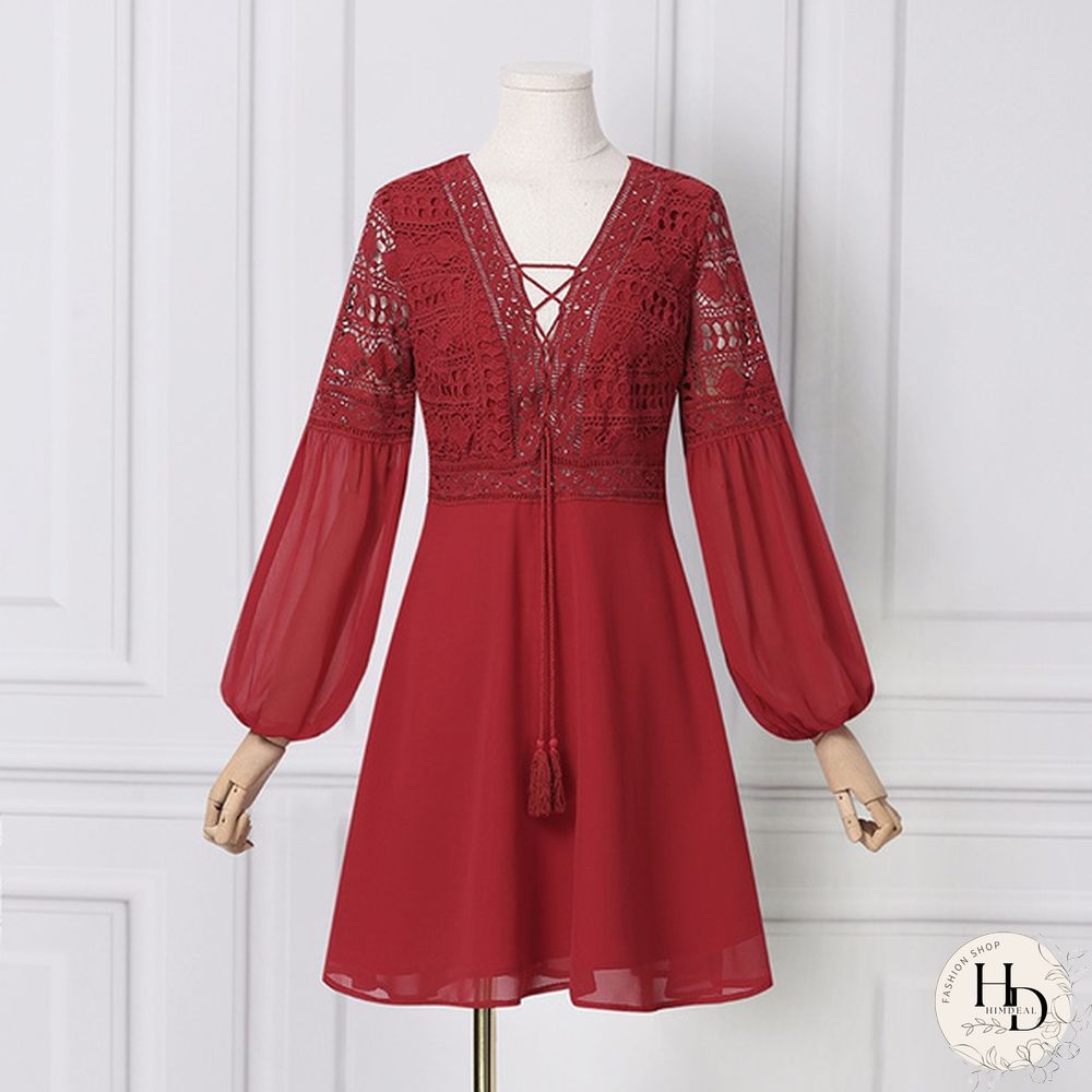 Womens Lace Stitching Lace Up Mini Dress Lantern Long Sleeve V Neck Evening Party Casual Loose Elegant A Line Dress Plus Size