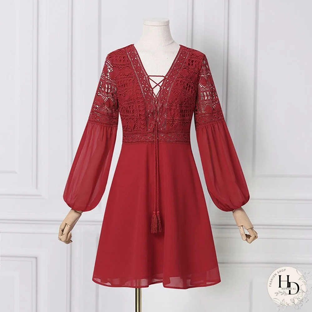 Womens Lace Stitching Lace Up Mini Dress Lantern Long Sleeve V Neck Evening Party Casual Loose Elegant A Line Dress Plus Size